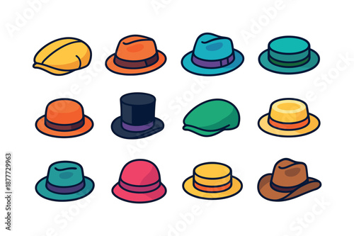 Colorful Classic Hat Icons. Classic hats. Colorful isometric vector icons set of classic hats: newsboy cap, trilby hat, fedora, pork pie hat, derby bowler, top