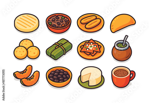 Latin Breakfast Icons. latin american breakfast. Colorful isometric vector icons set of latin american breakfast: arepa, gallo pinto bowl, fried plantains,