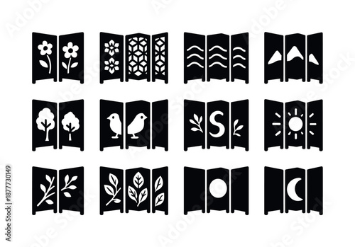 Folding Screen Icons. Folding screen designs. Solid icon set of folding screen designs: floral design, geometric pattern, wave pattern, mountain silhouette,