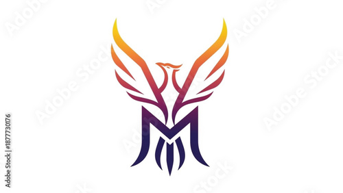 Creative vector logo featuring a stylized letter M combined with phoenix wings in vibrant orange, red, and purple gradients. Symbolizes power, rebirth, growth, and ambition. Clean modern design ideal.