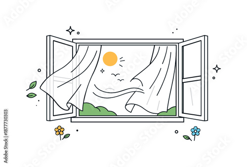 Spring Breeze Illustration. Open window spring breeze scene. Gentle airflow shown with minimal motion lines, curtains floating lightly inside a simple window