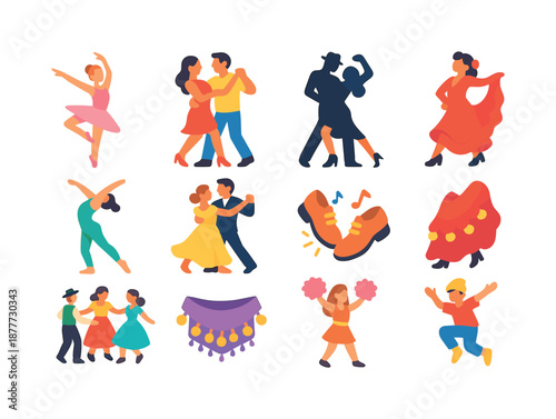 Colorful Dance Icons. Dance styles. Colorful flat vector icons set of dance styles: ballet pose, salsa couple, tango silhouette, hip-hop move, contemporary