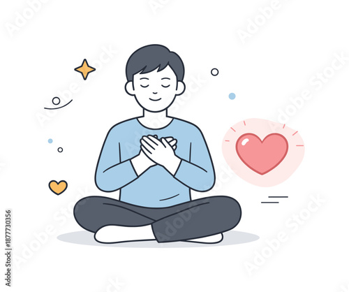 Serene Heart Moment. Emotional wellness moment. A person sitting calmly with closed eyes, hands on chest, heart icon softly glowing nearby. Mindfulness,