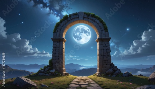 Majestic stone archway frames a full moon glowing in a serene night sky, digital fantasy art, creating portal to another world or peaceful dreamscape.