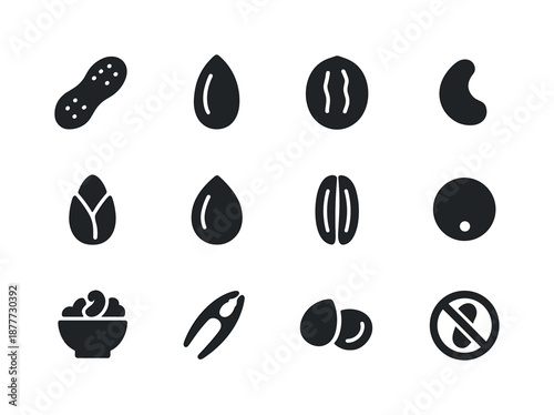 Nut Icon Collection. Nut varieties. Solid icon set of nut varieties: peanut, almond, walnut, cashew, pistachio, hazelnut, pecan, macadamia, nut mix, nut