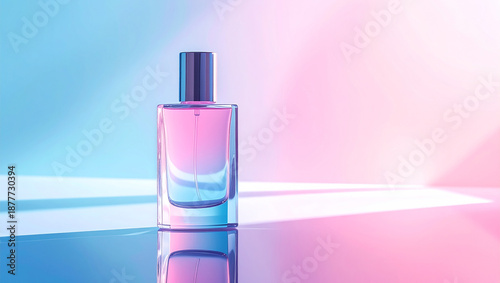 Elegant Perfume Bottle on Reflective Surface with Pink and Blue Gradient Lighting and Copy Space