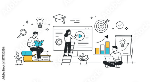 Learning Journey Illustration. Learning organization concept. Employees accessing shared knowledge resources with books, screens, and progress indicators.