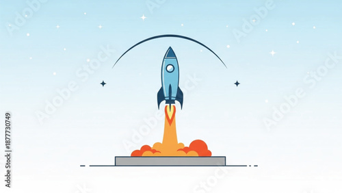 Flat vector illustration of a rocket launching into the sky with flames and smoke, symbolizing startup growth, innovation, and success. Clean minimalist design with soft colors and simple shapes. 