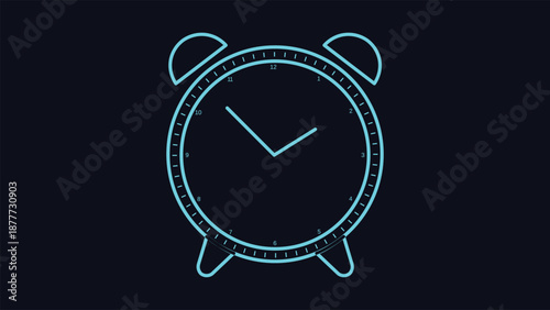 Glowing cyan alarm clock icon on dark background representing time management punctuality schedule reminder productivity planning modern digital technology concept