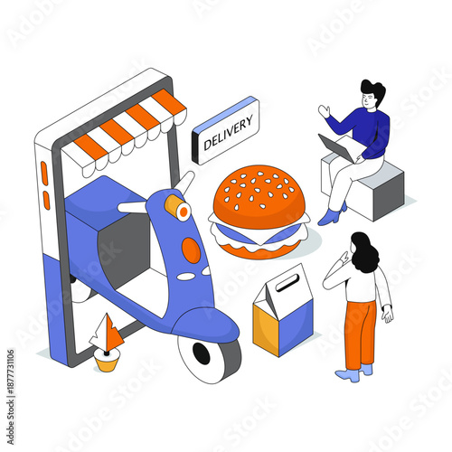 A colored design illustration of online burger delivery 