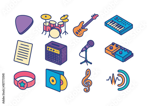 Indie Band Icons. Indie bands. Colorful isometric vector icons set of indie bands: guitar pick, drum set, bass guitar, keyboard synth, setlist sheet, stage