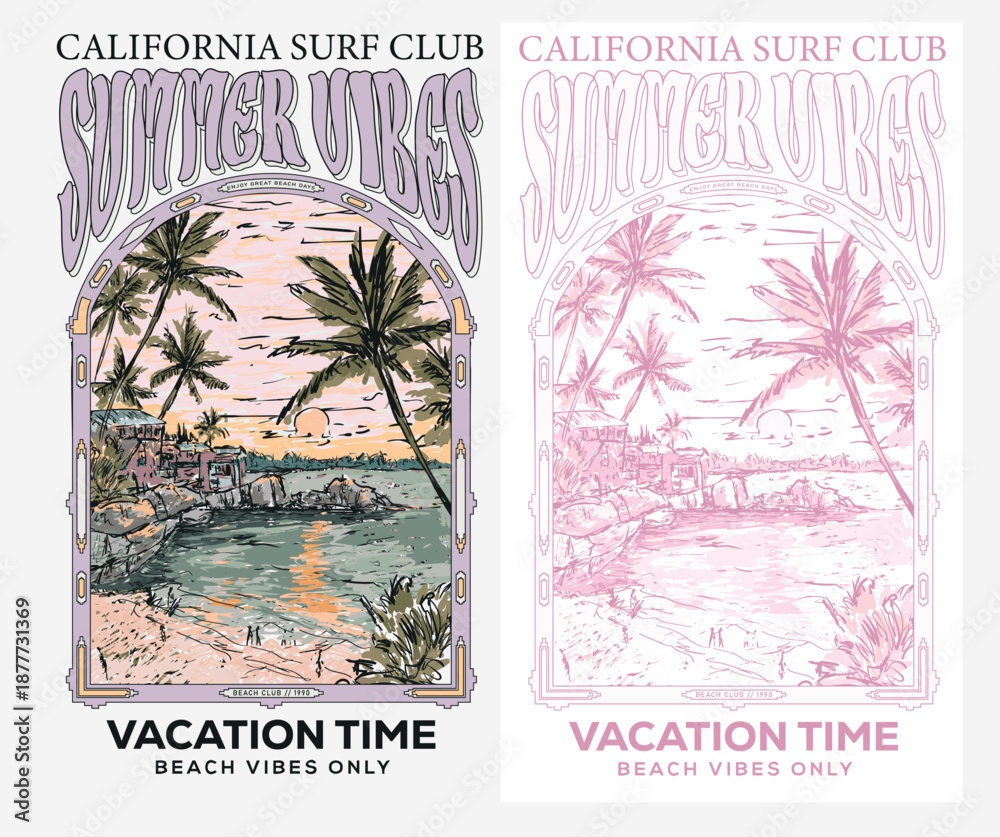 Naklejka premium Summer vibes graphic print design. Summer good days artwork. Tropical beach club. Welcome to hidden paradise.