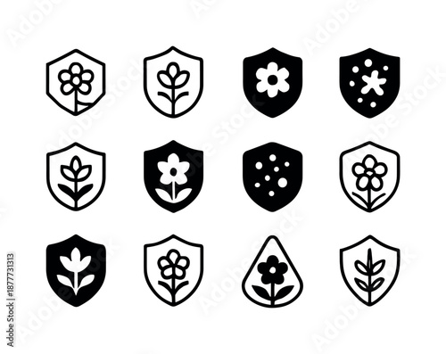 Spring Allergy Icons. Spring allergies. Icon set. Set Logo of spring allergies: immune shield. harmonious logo variations: Abstract geometric, Minimal outline,