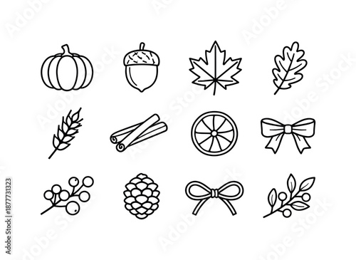 Autumn Wreath Icons. Autumn wreath. Line icon set of Autumn wreath: pumpkin, acorn, maple leaf, oak leaf, wheat stalk, cinnamon stick, dried orange slice,