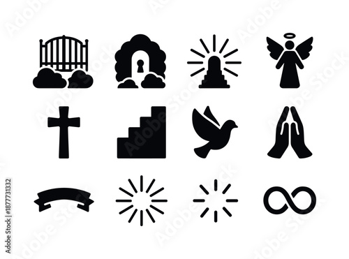 Heavenly Icon Set. Heavenly gates. Solid icon set of heavenly gates: gate icon, cloud arch, keyhole, shining rays, angel figure, cross symbol, staircase, dove