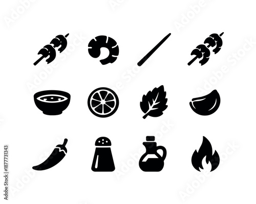 Shrimp Skewers Icons. Shrimp skewers. Solid icon set of shrimp skewers: shrimp, peeled shrimp, skewer stick, grilled shrimp, marinade bowl, lemon slice, herb