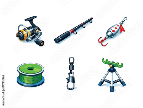 Fishing Gear Icons. Spinning Gear. Isometric flat vector icons set of Spinning Gear: spinning reel, carbon fishing rod, metal spoon lure, braided line spool,