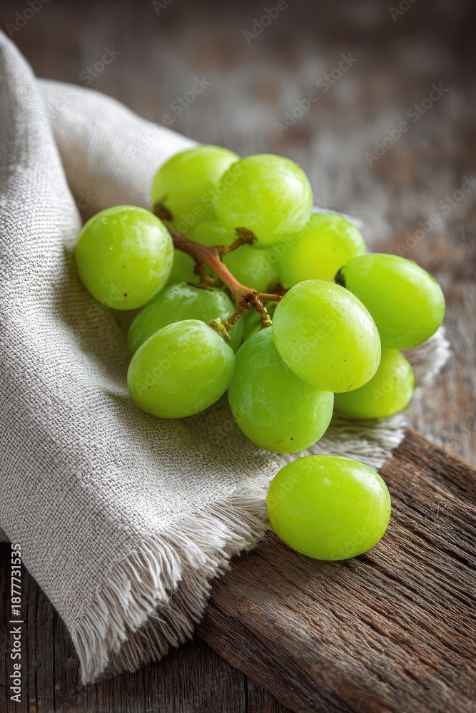 Fototapeta premium A bunch of green grapes resting on a rustic wooden table with a beige cloth. Concept Green grapes still life, Rustic wooden table, Beige cloth texture, Natural light photography, Fresh fruit mood