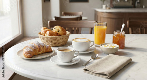 Wallpaper Mural Delicious breakfast spread with croissants, coffee, orange juice, and jam on a marble table Torontodigital.ca