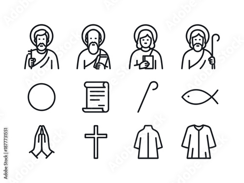 Apostles Line Icon Set. Apostles. Line icon set of Apostles: Saint Peter, Saint Paul, Saint John, Saint James, Saint Andrew, halo icon, scripture scroll,