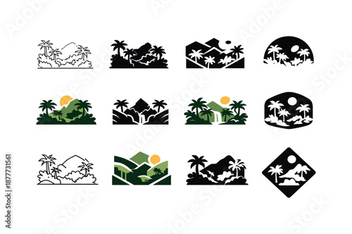 Jungle Logo Variations. wild jungles. Icon set. Set Logo of wild jungles: jungle canopy silhouette. harmonious logo variations of the same emblematic concept,