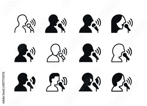 Concert Icon Set. Singing at live performances and concerts. Icon set. Set Logo of Singing at live performances and concerts: sound waves from microphone.
