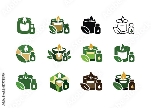 Eco-Friendly Candle Logos. Candle making with eco-friendly wax. Icon set. Set Logo of candle making with eco-friendly wax: essential oil bottle. harmonious
