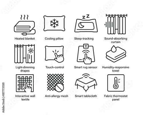 Smart Textile Icons. Smart textiles. Line icon set of home smart fabrics: heated blanket, cooling pillow, sleep-tracking sheet, sound-absorbing curtain,