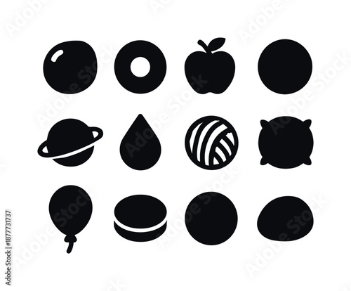Soft Shape Icons. Soft Round Shapes. Solid icon set of Soft Round Shapes: bubble icon, donut shape, round fruit, sphere icon, planet, water drop, yarn ball,