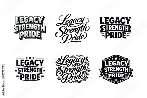 Legacy Strength Variations. Legacy strength pride. Set lettering. harmonious lettering variations of the same emblematic concept, each with different artistic