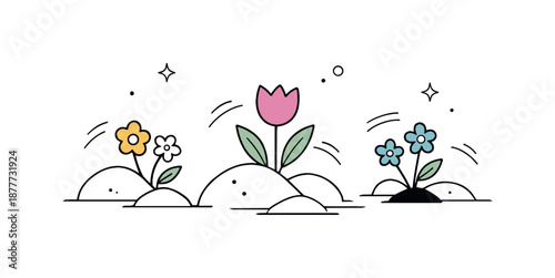 Spring Blooming Flowers. Spring Awakening Flowers. A few small flowers emerging through abstract soil shapes, gentle motion lines showing growth. Calm and