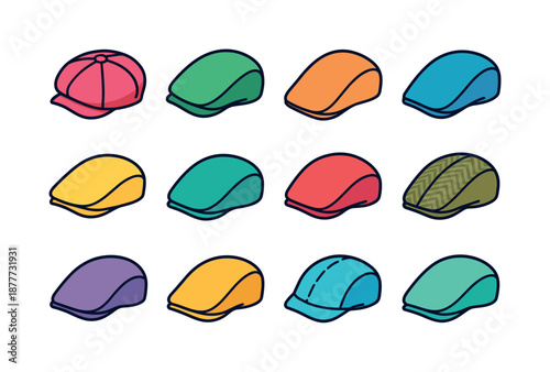Colorful Flat Caps Icons. Flat caps collection. Colorful isometric vector icons set of flat caps collection: newsboy cap, ivy cap, duckbill cap, driving cap,