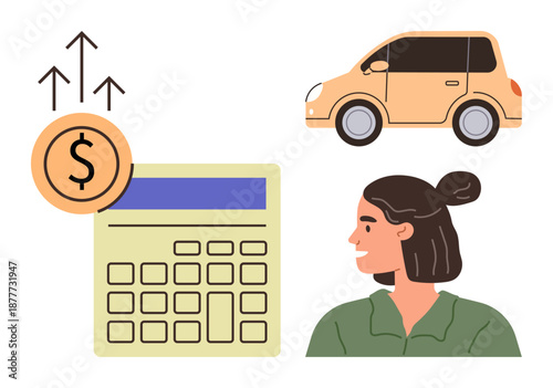 Budgeting, personal finance, car loans, savings goals, vehicle pricing, decision-making. A calculator, dollar sign with arrows car and a smiling woman. Budgeting and personal finance concept