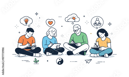 Mindful Group Reflection. Group counseling reflection exercise. Group members writing or reflecting quietly, simple icons showing thoughts and feelings.