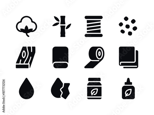 Eco-Friendly Materials Icons. Eco-friendly materials. Solid icon set of eco-friendly materials: organic cotton bundle, bamboo stalk, hemp fiber spool, recycled