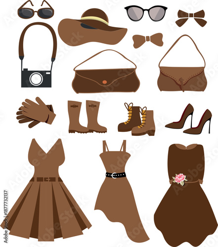 Woman Fashion Accessories Icons Black Brown Design
