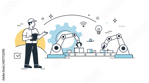 Robot and Human Cooperation. Automation and human collaboration. A worker supervising robots performing repetitive tasks. Balance between technology and