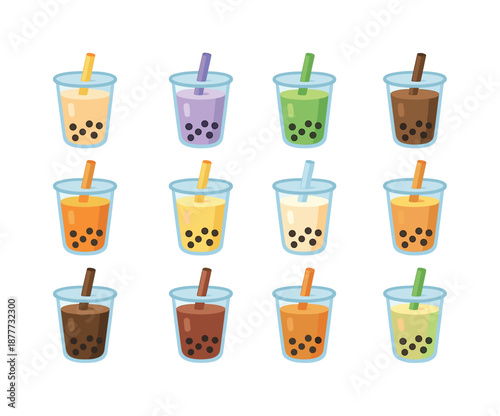 Colorful Milk Tea Icons. Milk Tea Flavors. Colorful flat vector icons set of Milk Tea Flavors: classic milk tea, taro milk tea, matcha milk tea, chocolate milk