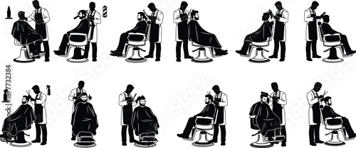 Set of barber silhouette vector illustrations showing professional hairstylists cutting hair, shaving beards, and grooming male clients in salon chairs, isolated on white background