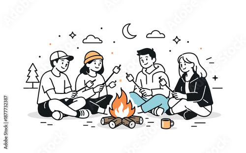 Marshmallow Roasting Friends. Friends roasting marshmallows. Small group of friends sitting around a campfire holding sticks with marshmallows, calm smiles and
