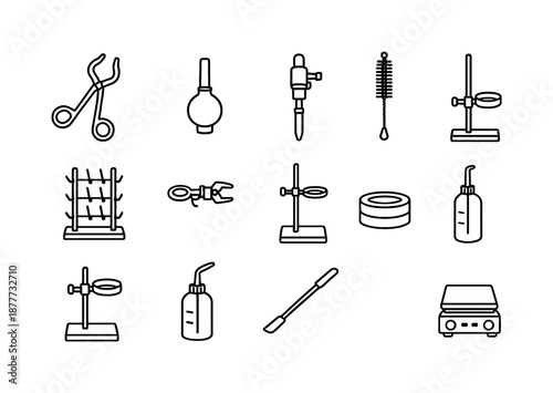 Laboratory Tools Icons. Glassware Handling Tools. Line icon set of Glassware Handling Tools: tongs, rubber bulb, pipette filler, brush cleaner, drying rack,