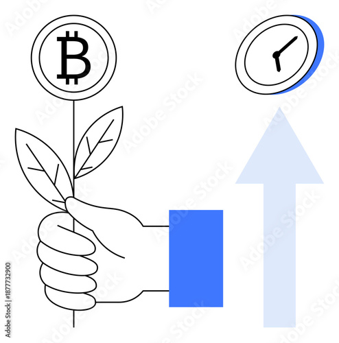Blockchain, cryptocurrency, financial growth, time management, digital assets, investment. Hand holding a plant with bitcoin symbol, growth arrow clock icon. Blockchain and cryptocurrency concept