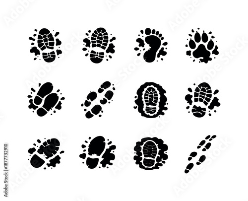 Black Mud Footprint Icons. Mud Footprints. Solid icon set of Mud Footprints: shoe print mud, boot print, barefoot mud print, animal track mud, overlapping