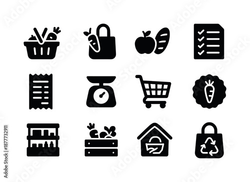 Grocery Icons Grid. Grocery shopping. Solid icon set of grocery shopping: basket with produce, market bag, fresh goods icon, shopping list, receipt, produce