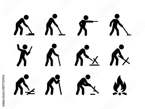 Stick Activities Icons. Stick Activities. Solid icon set of Stick Activities: draw stick, poke stick, point stick, stir stick, wave stick, walk stick, roast