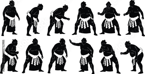 Silhouette set of Japanese sumo wrestlers, traditional martial arts fighters in mawashi, heavy athletes posing, black and white vector illustration for sports design, isolated.