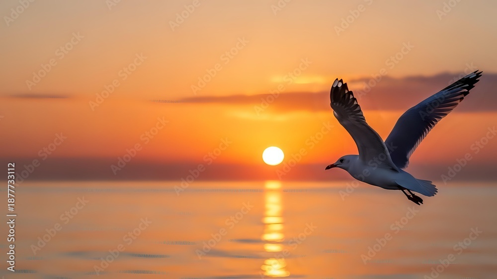 Naklejka premium Seagull flying over calm ocean water during golden sunset with warm orange sky and sun reflection on water surface creating peaceful seascape scene.