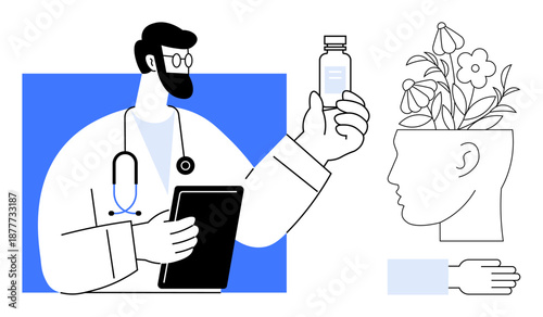 Doctor in lab coat holding a tablet and medicine bottle, side profile head with blooming flowers symbolizing mental health, wellness, and growth. Ideal for healthcare, mental care, holistic health