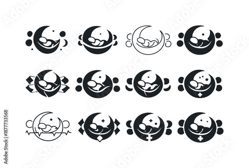 Sleep Science Icons. The science of sleep and its impact on health. Icon set. Set Logo of The science of sleep and its impact on health: moon phases.