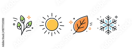 Seasonal Abstract Icons. Seasonal Nature Icons. Abstract symbols of seasonal change: buds for spring, sun rays for summer, leaf for autumn, and crystal snow